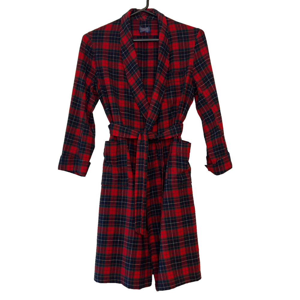 Pendleton 100% Virgin Wool Robe Mens L Tartan Plaid Red Green Made in USA *Holes